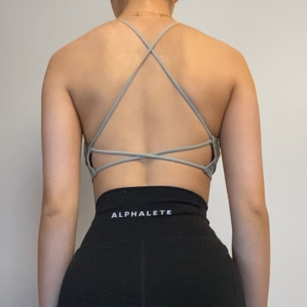 Silver Grey Open Back Strappy Sports Bra, size Medium Brand New